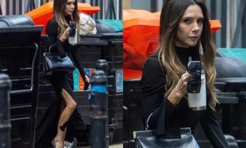 Victoria Beckham lộ chân gân guốc, nhăn nheo khi diện váy xẻ cao