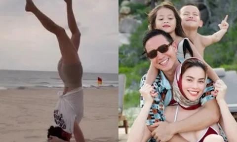 Hồ Ngọc Hà tranh thủ luyện động tác yoga "khó nhằn" khi đưa con đi biển