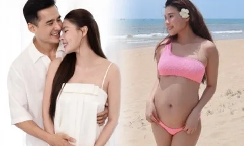Thuý Diễm diện bikini gợi cảm khoe bụng bầu vượt mặt, Lương Thế Thành nói một câu chuẩn "ông chồng quốc dân"