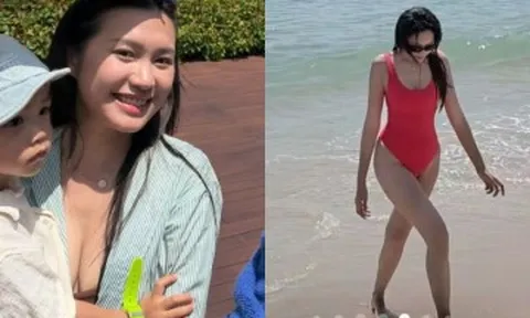Tiểu thư Hà thành cùng chồng cầu thủ 1m87 đưa con trai đi biển, mẹ diện bikini đẹp nõn nà, bố khéo chăm con