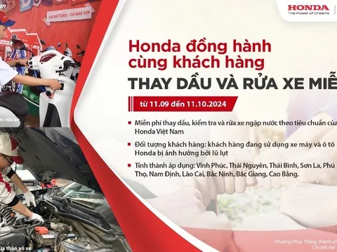 Honda Việt Nam hỗ trợ người dân các tỉnh miền Bắc kiểm tra và thay dầu miễn phí xe hư hại do mưa lũ gây ra
