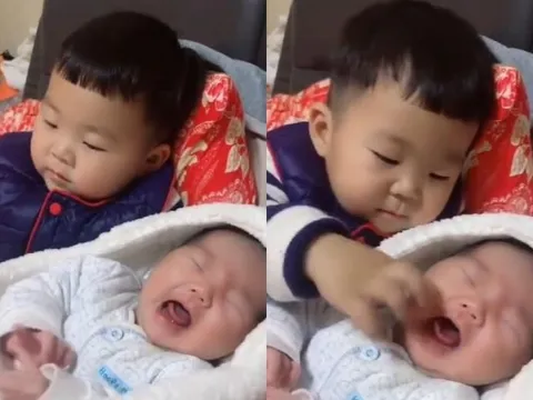 Em sơ sinh khóc mãi không nín, anh trai 2 tuổi liền làm một hành động cực thông minh khiến người mẹ ngỡ ngàng
