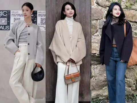 So với áo khoác dài, kiểu áo khoác này phối với quần ống rộng "đỉnh chóp" hơn hẳn lại kéo chân dài cả mét