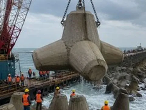 Phát hiện 2.000 khối bê tông đúc sẵn thể tích 5 m³ đặt san sát nhau dọc bờ biển, công trình lá chắn dài 3,1 km lộ diện